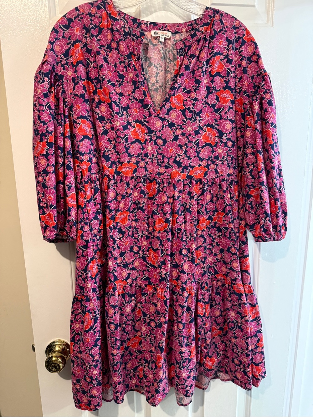 Sundry for Evereve Floral Tiered Mini Dress Pink Red Puff Sleeve Boho Size 1